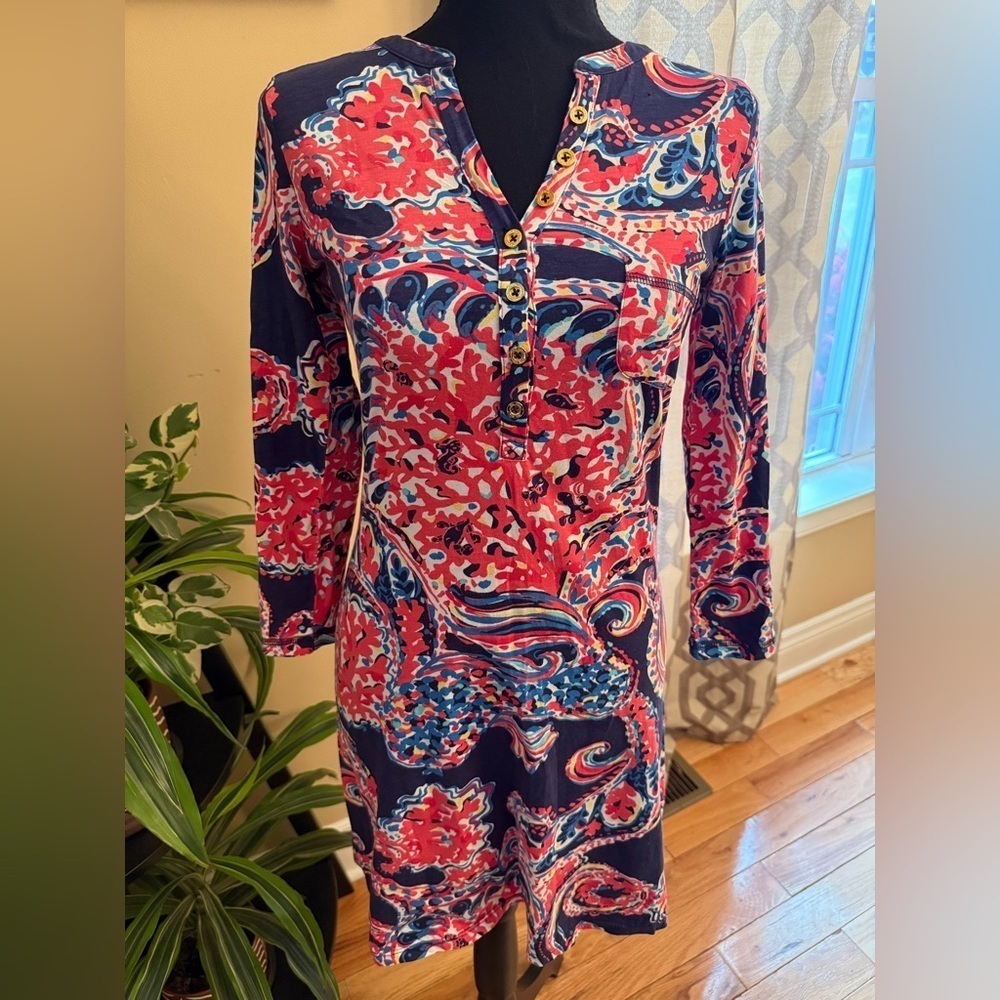 Lilly Pulitzer Pink/Blue Coral Pima Cotton Long Sleeve Knee Length Dress Size XS